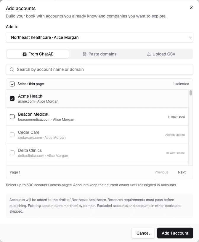 Add accounts dialog with tabs for From ChatAE, Paste domains, and Upload CSV