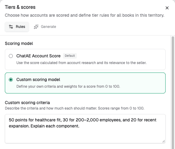 Custom scoring model selector and tier rules configuration