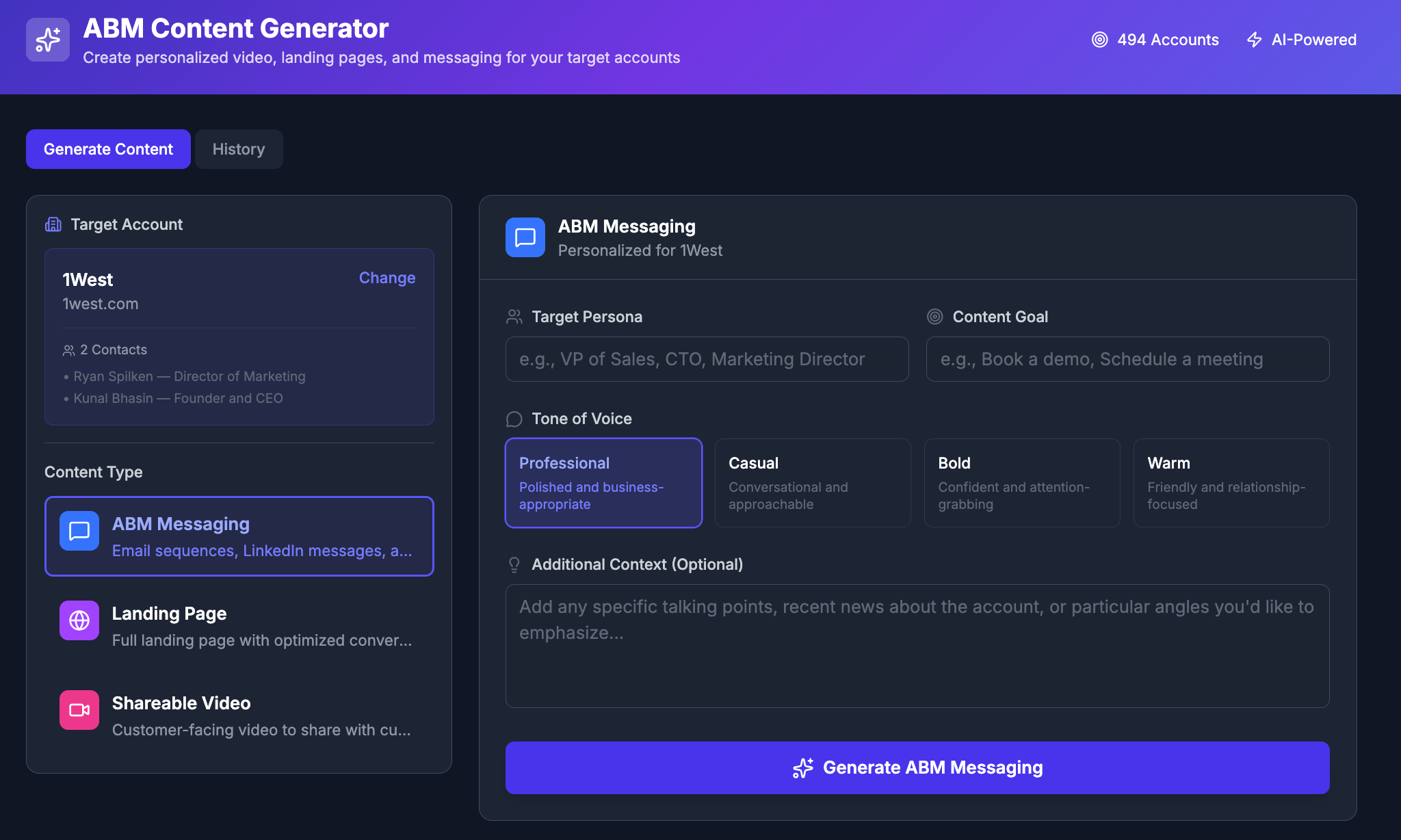 ChatAE ABM content generator interface