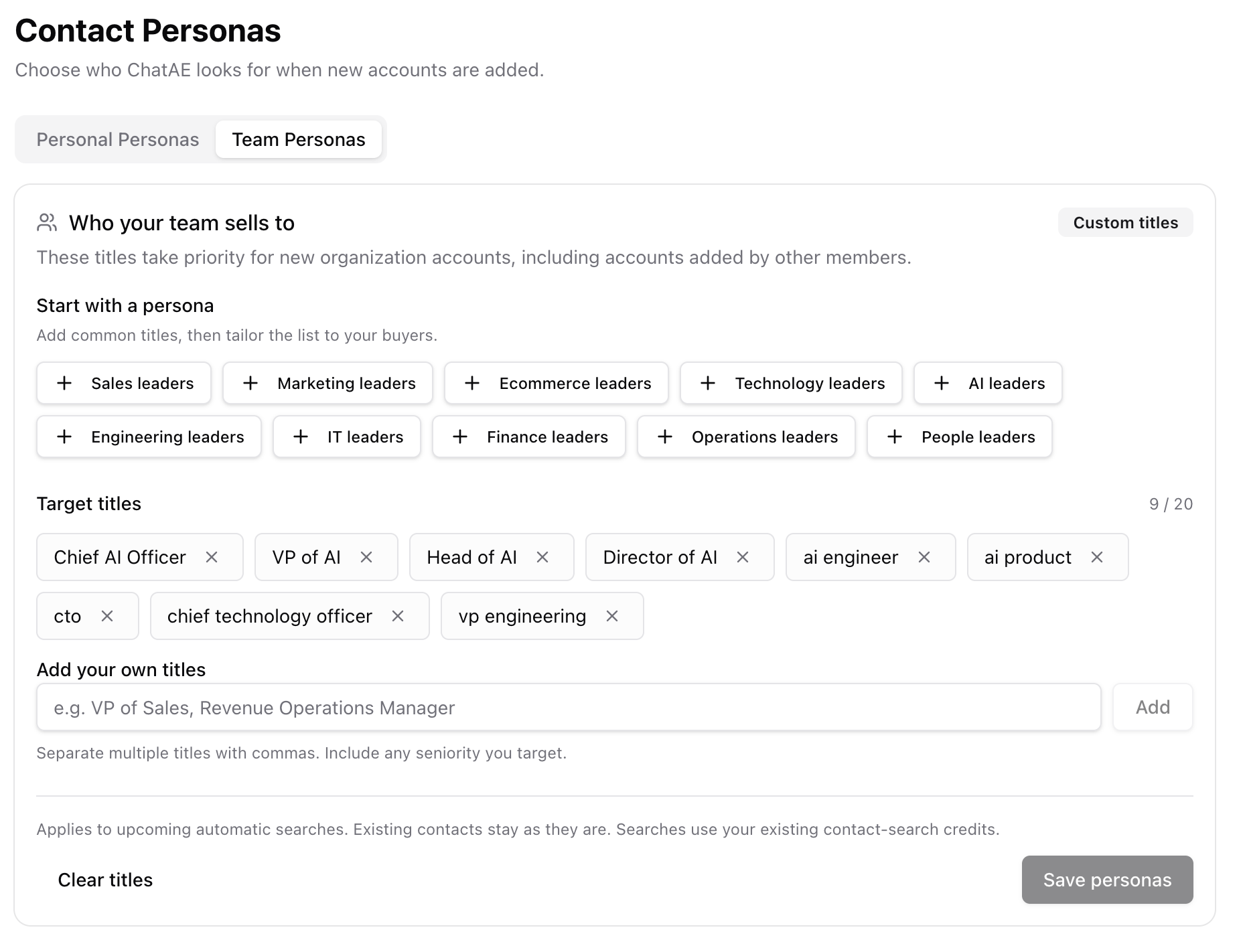 Contact Personas settings with personal and team presets