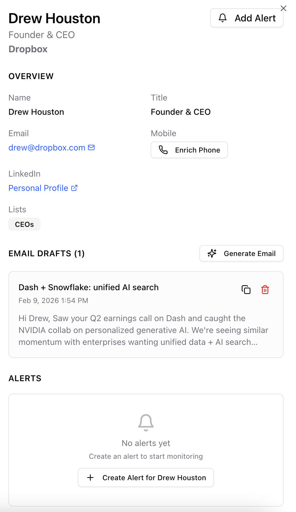 Contact profile and draft email screenshot