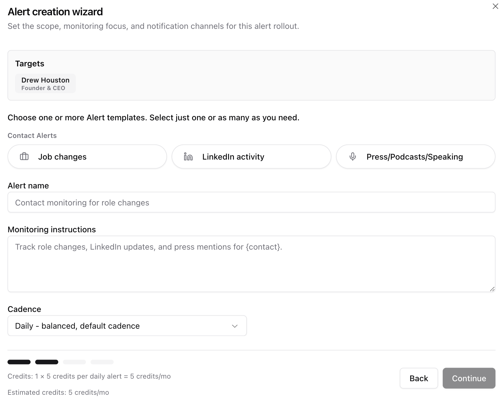 Contact alert creation wizard screenshot
