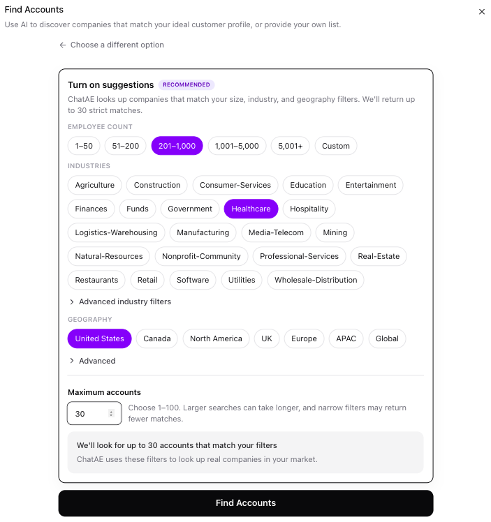 Find Accounts with configurable maximum accounts limit