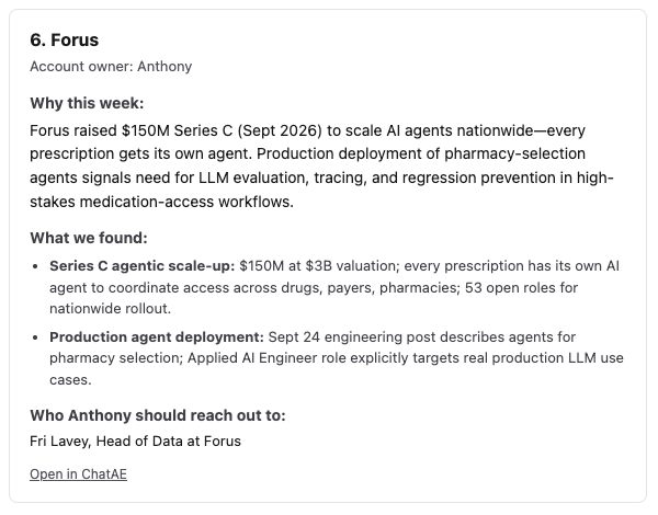 Suggested outreach action for a rep based on account research