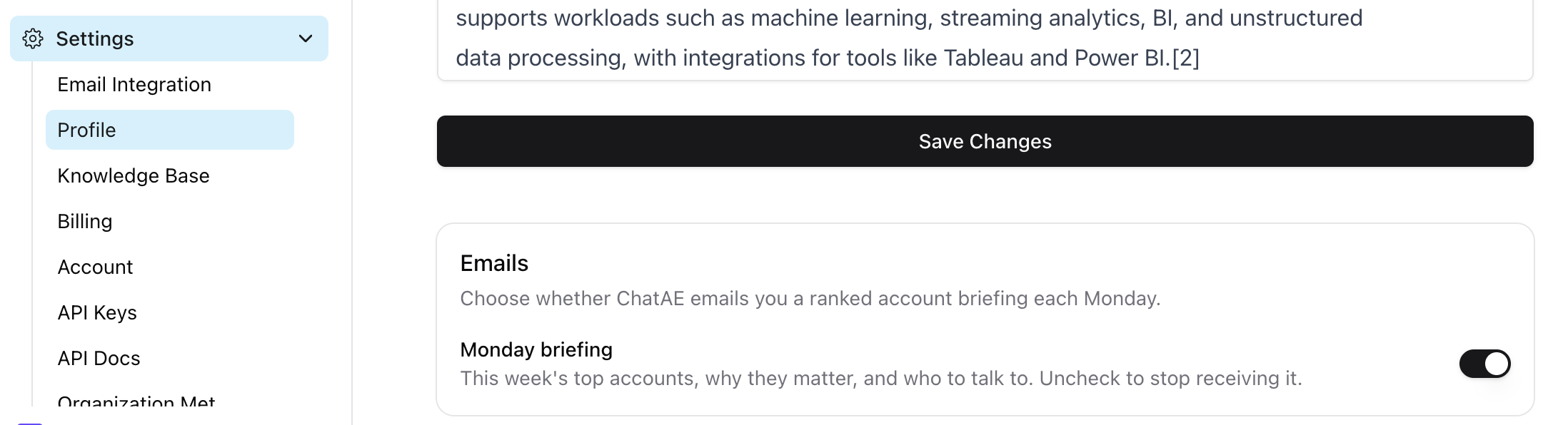 Monday briefing toggle in Settings → Profile
