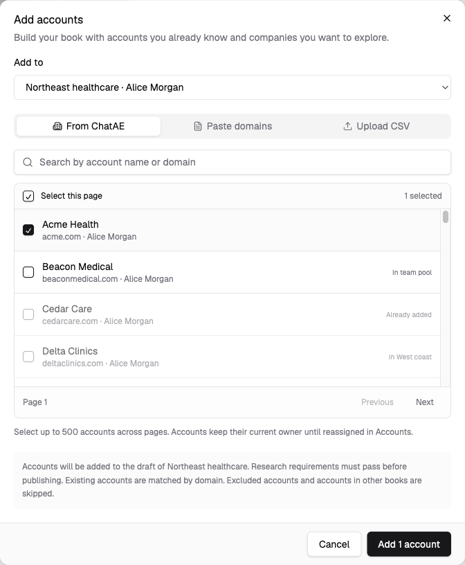 Add accounts dialog with tabs for From ChatAE, Paste domains, and Upload CSV