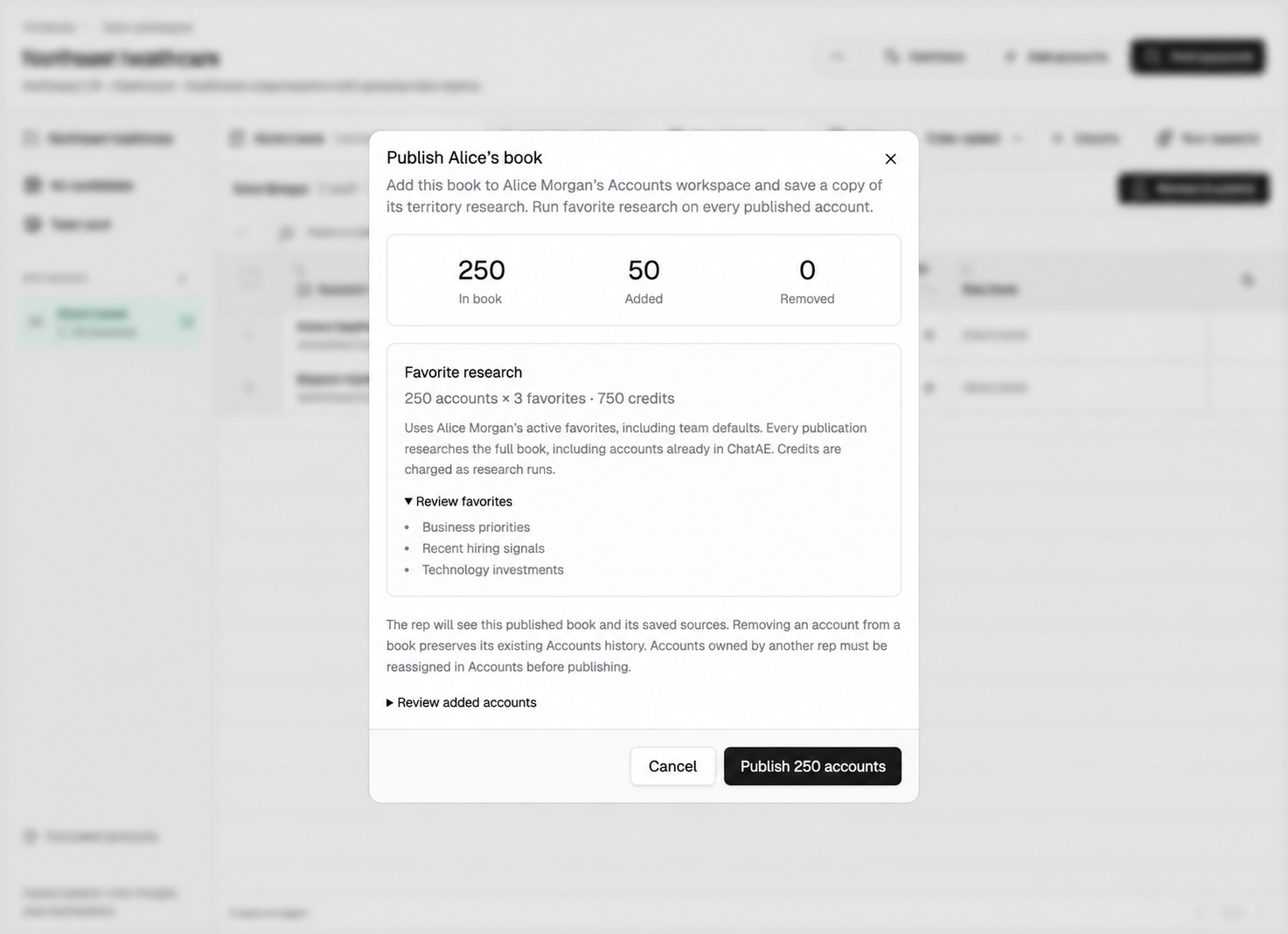 Publish dialog showing accounts added and favorite research triggers queued