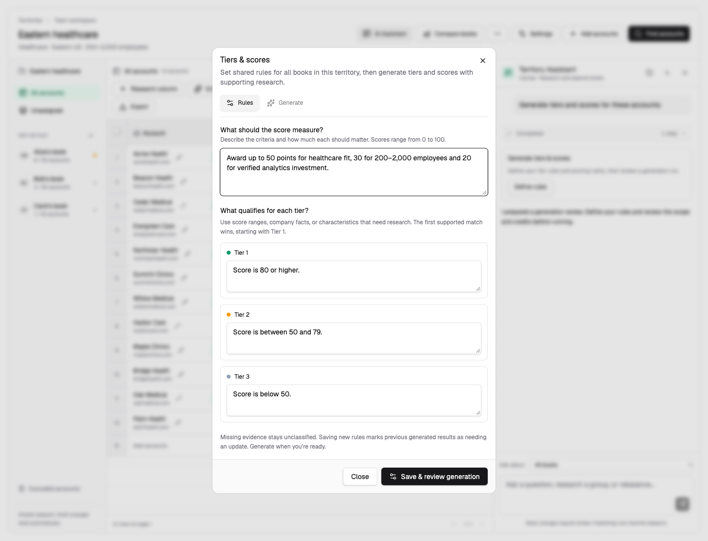 Tiers and scores dialog with custom scoring criteria and tier rules