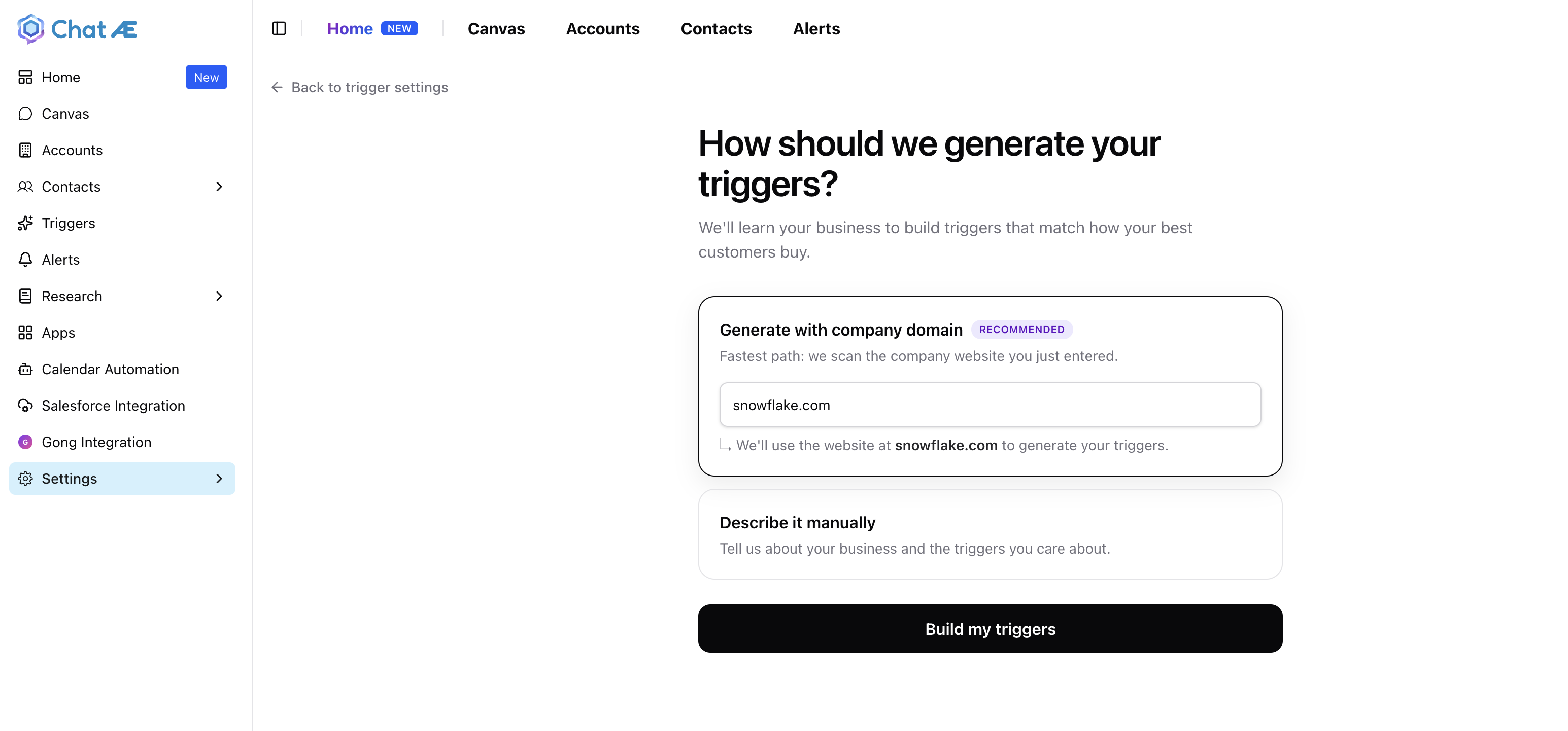 Generate AI triggers by entering your company domain